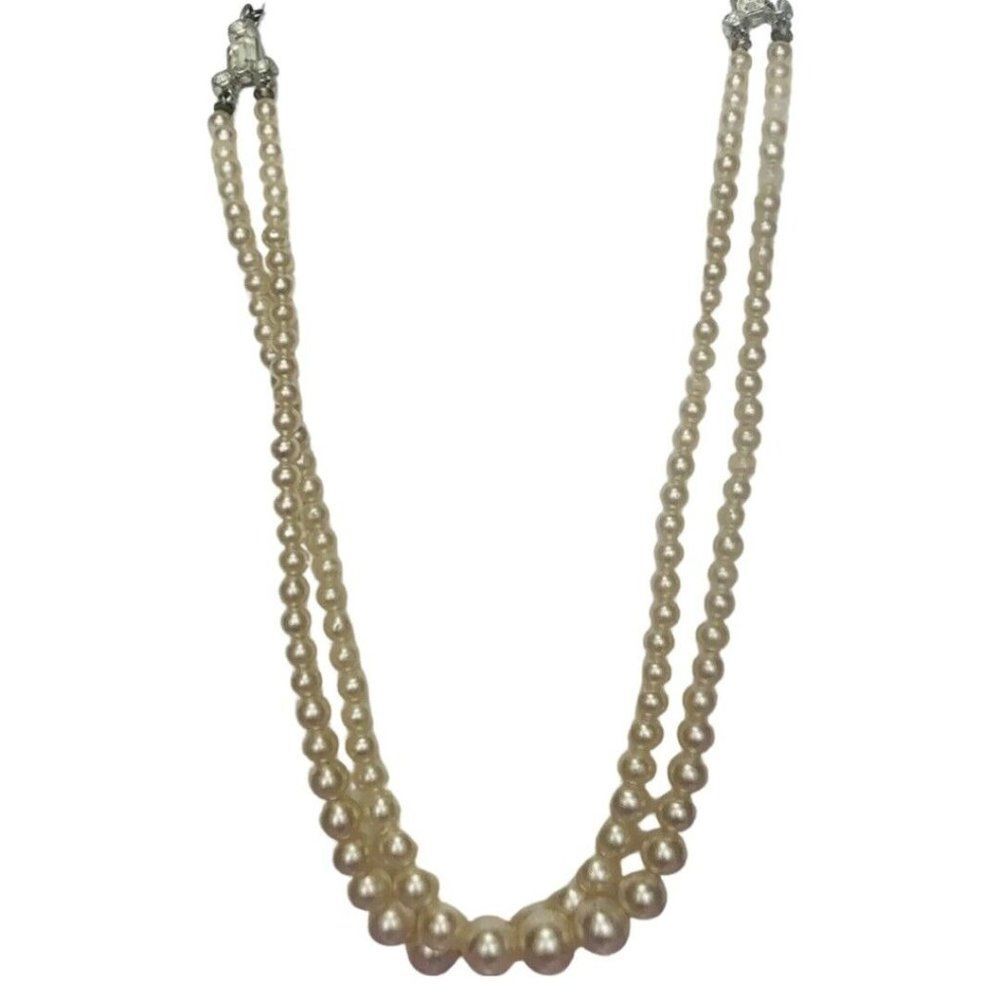 Vintage Oversized Beige Pearl Bead Double Strand Rhinestone Women’s Necklace